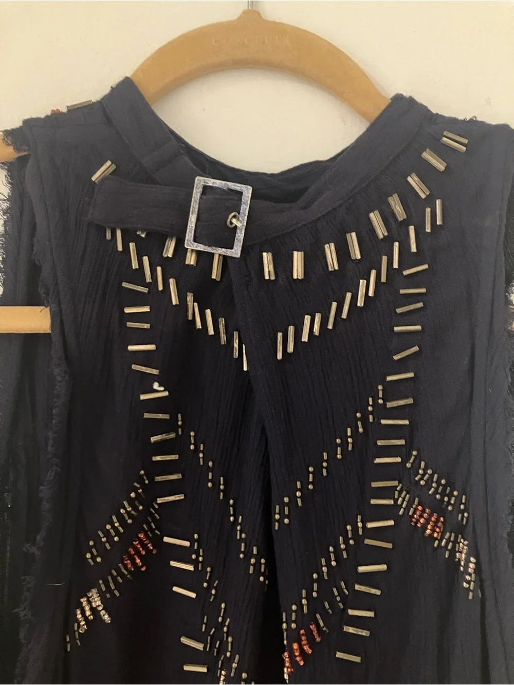 Free People Ferris Wheel Dark Blue Beaded Open Back Sleeveless Top Shirt Sz XS.